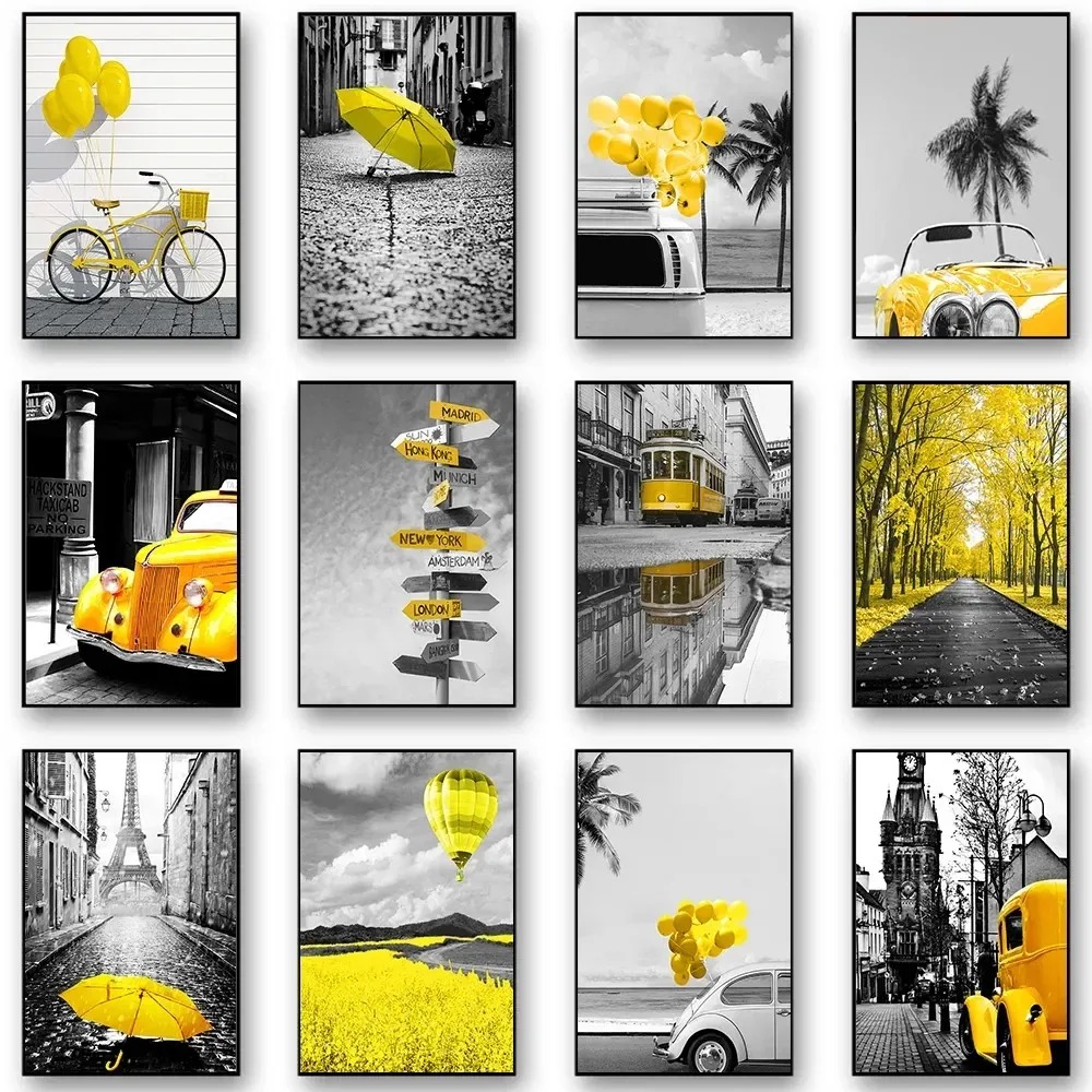 Home Decor Yellow - Zwart-wit Europees landschap schilderij, woondecoratie, Scandinavische