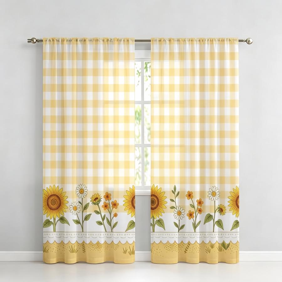 Home Decor Yellow - 2 stuks digitaal bedrukt transparant gordijn,