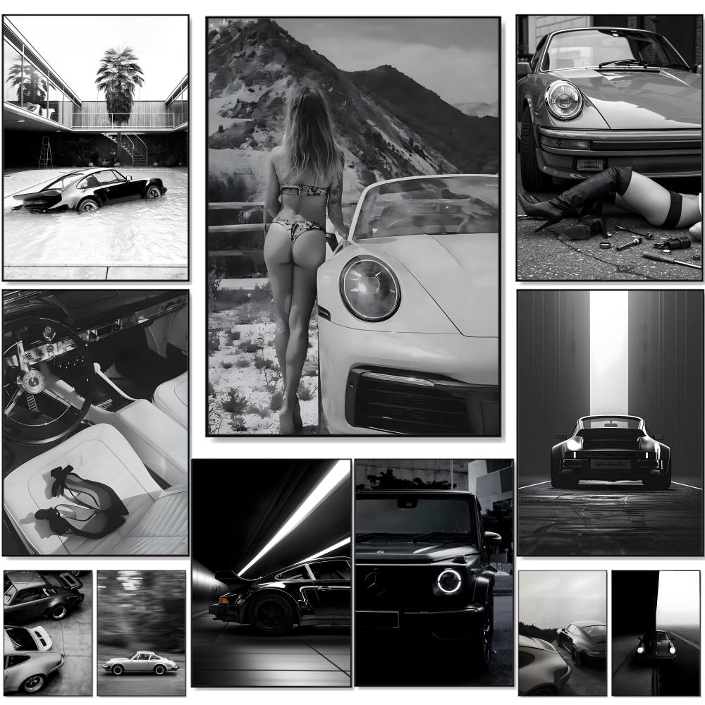 Home Decor Luxury - Zwart witte luxe sportwagen schilderij kalligrafie
